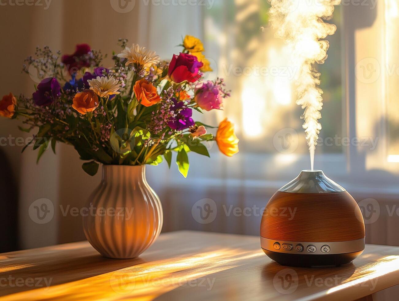 Essential oil diffuser and flower vase on a wooden table photo
