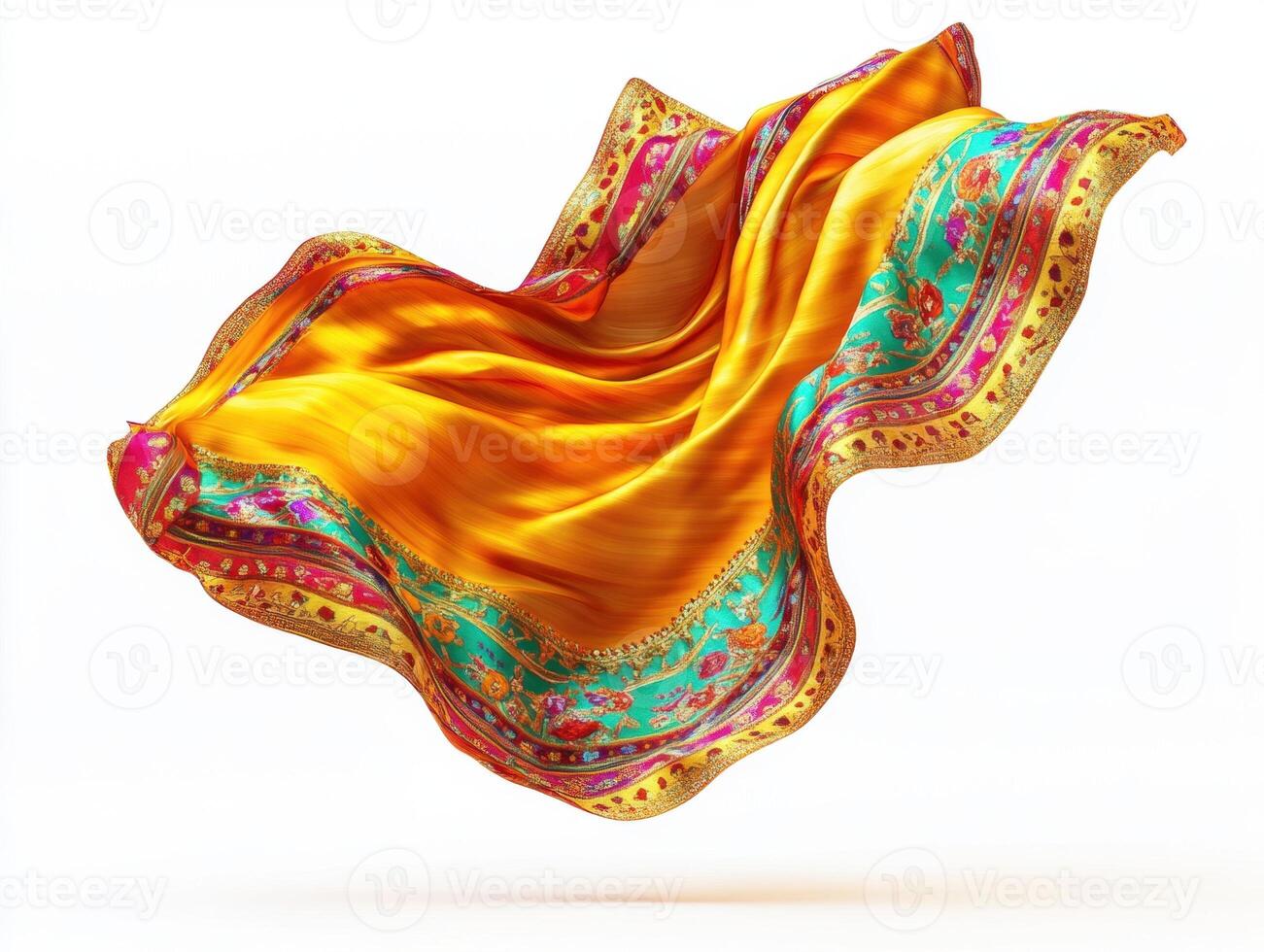 Colorful silk fabric floating in the air with intricate patterns photo