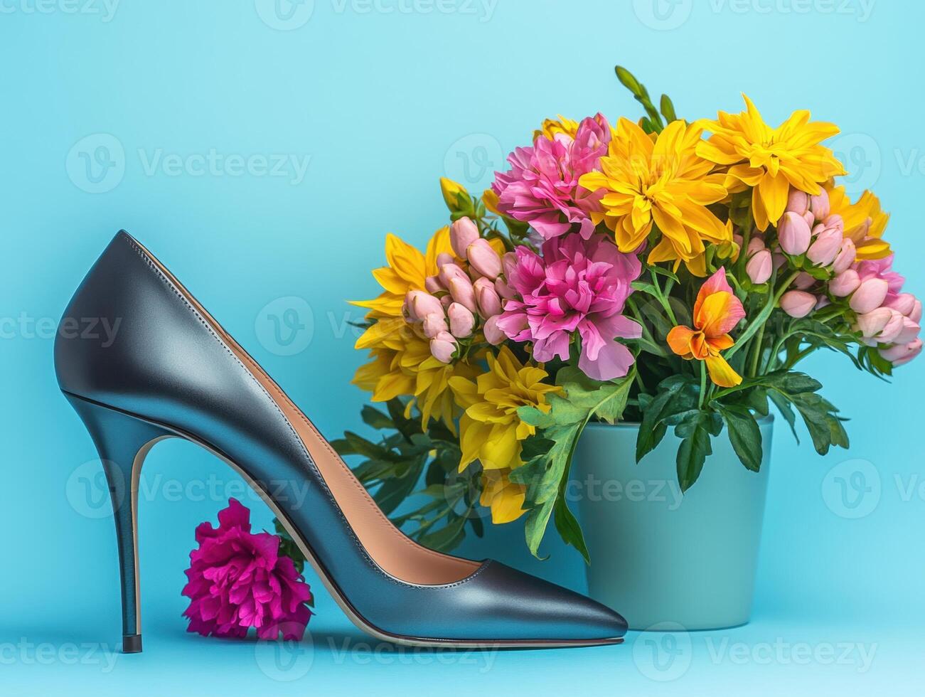 Elegant black high heel beside vibrant bouquet on blue background photo