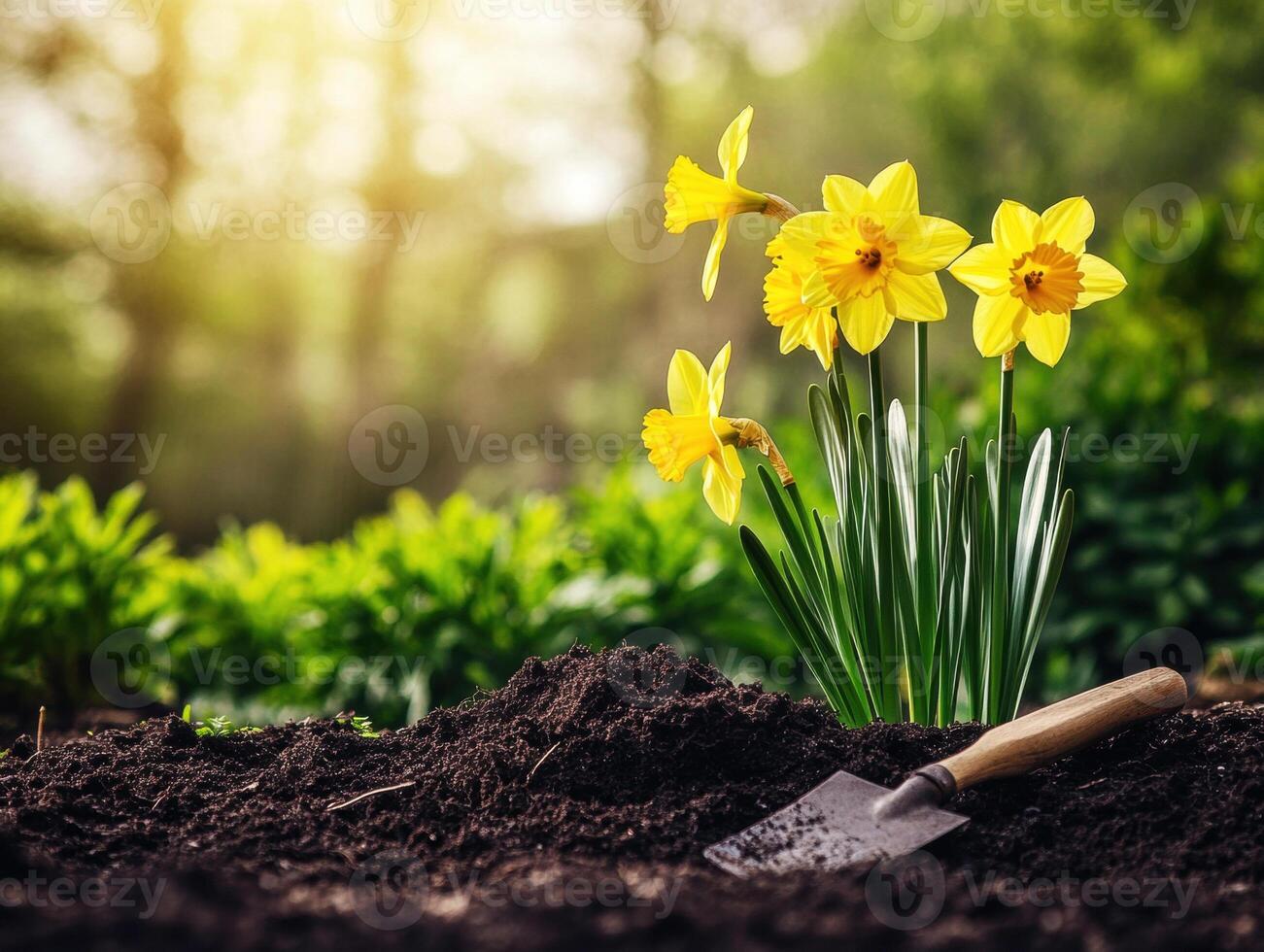 Daffodils bloom in spring garden with gardening tools nearby photo