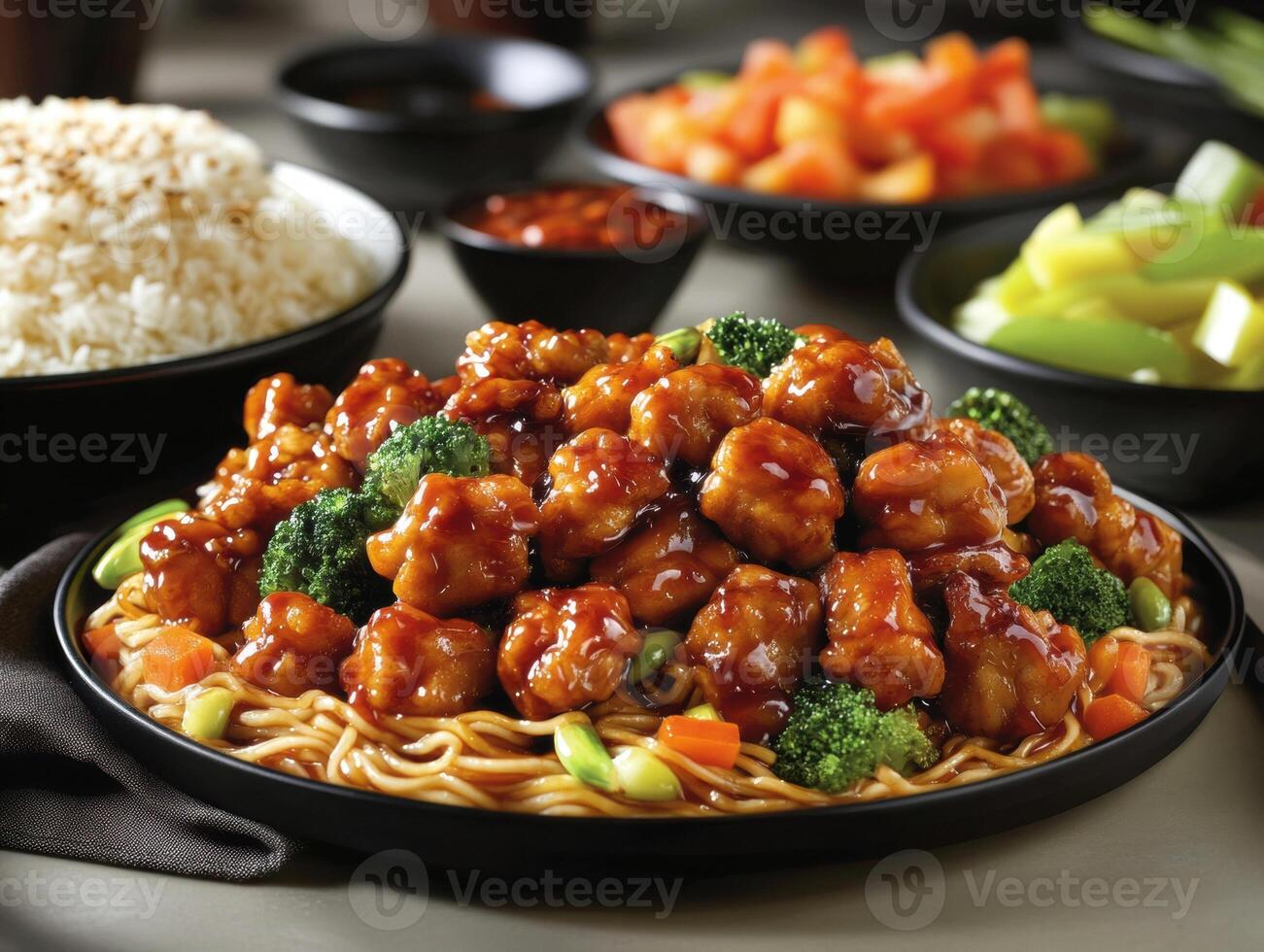 Tasty stir-fried chicken with veggies and noodles in a bowl photo