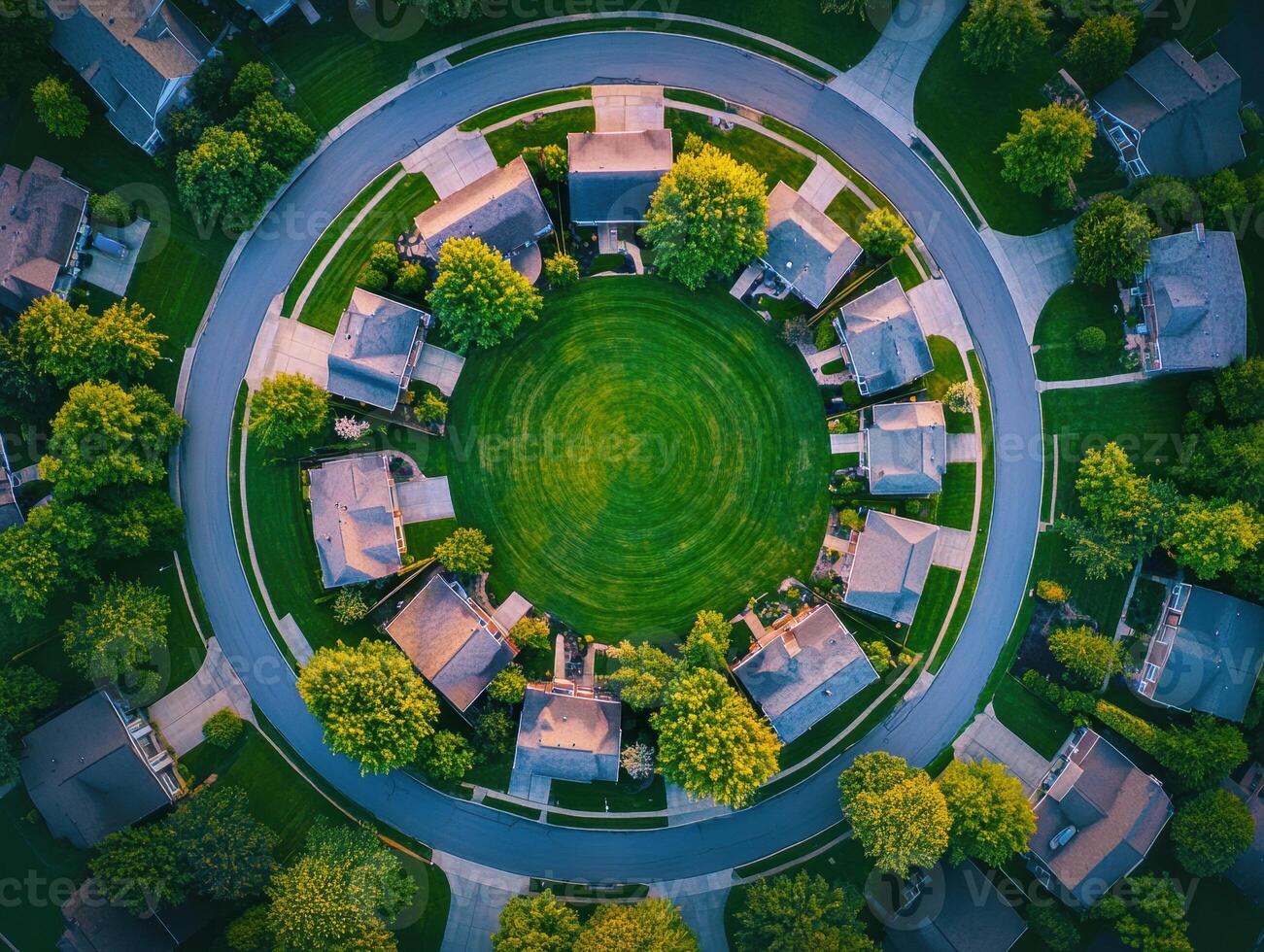 Aerial view of a suburban neighborhood with circular layout photo