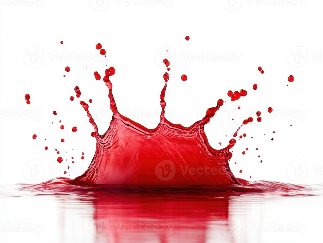 Red liquid splash creating dynamic water droplets in still background photo