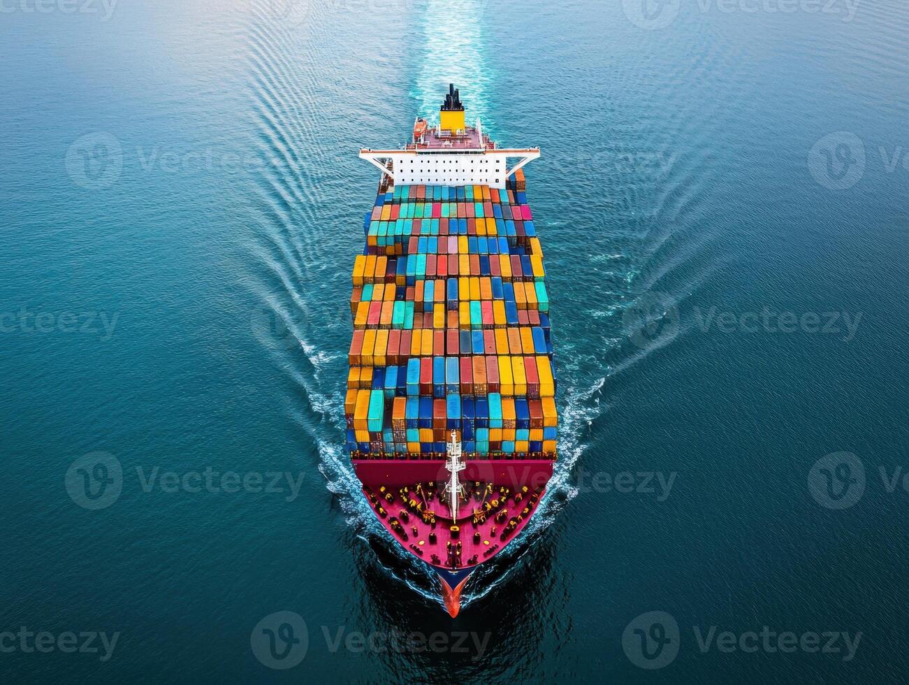 Colorful cargo ship navigating through calm waters photo
