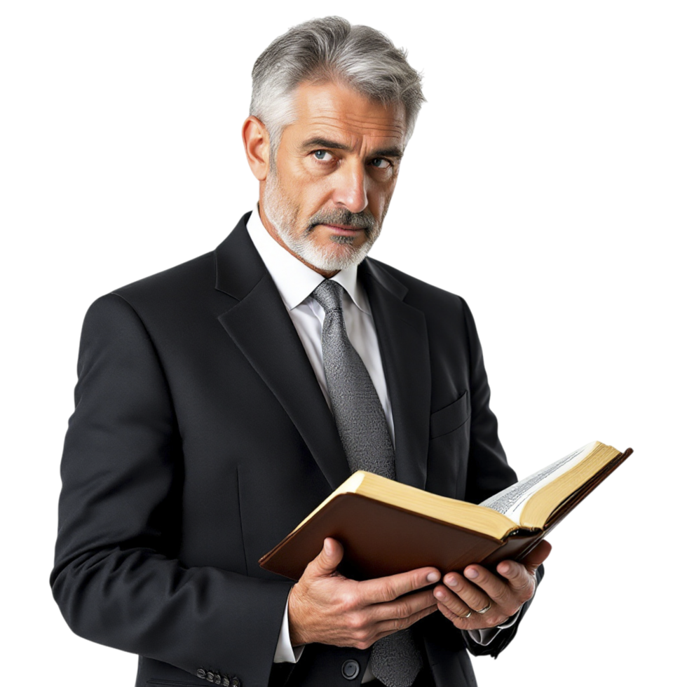 A man in a suit holding an open bible png