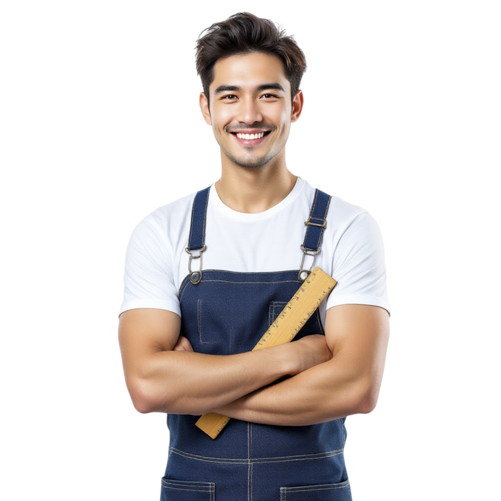 A young man in overalls is smiling and holding a ruler png