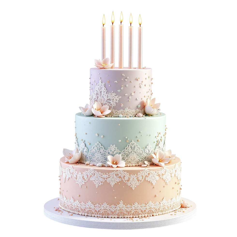 A three layer cake with pink, blue and white flowers png