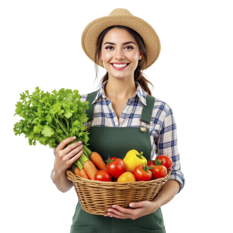 A woman in an apron holding a basket of vegetables png