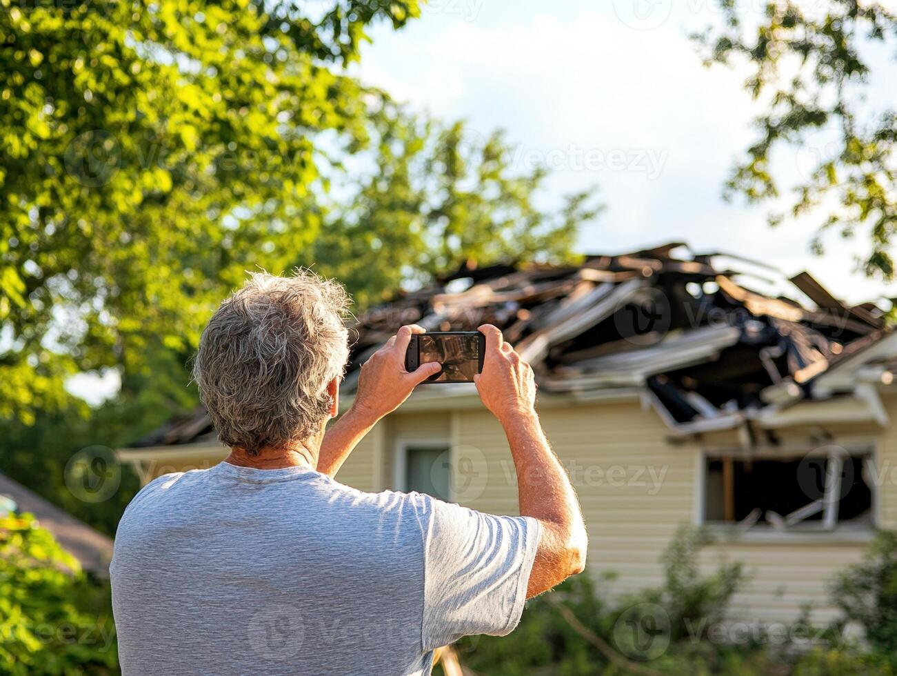 Man taking pictures of damaged house after storm in afternoon light photo