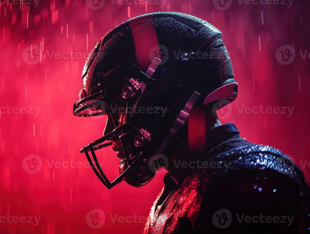 Intense football player prepares in the rain during night game photo