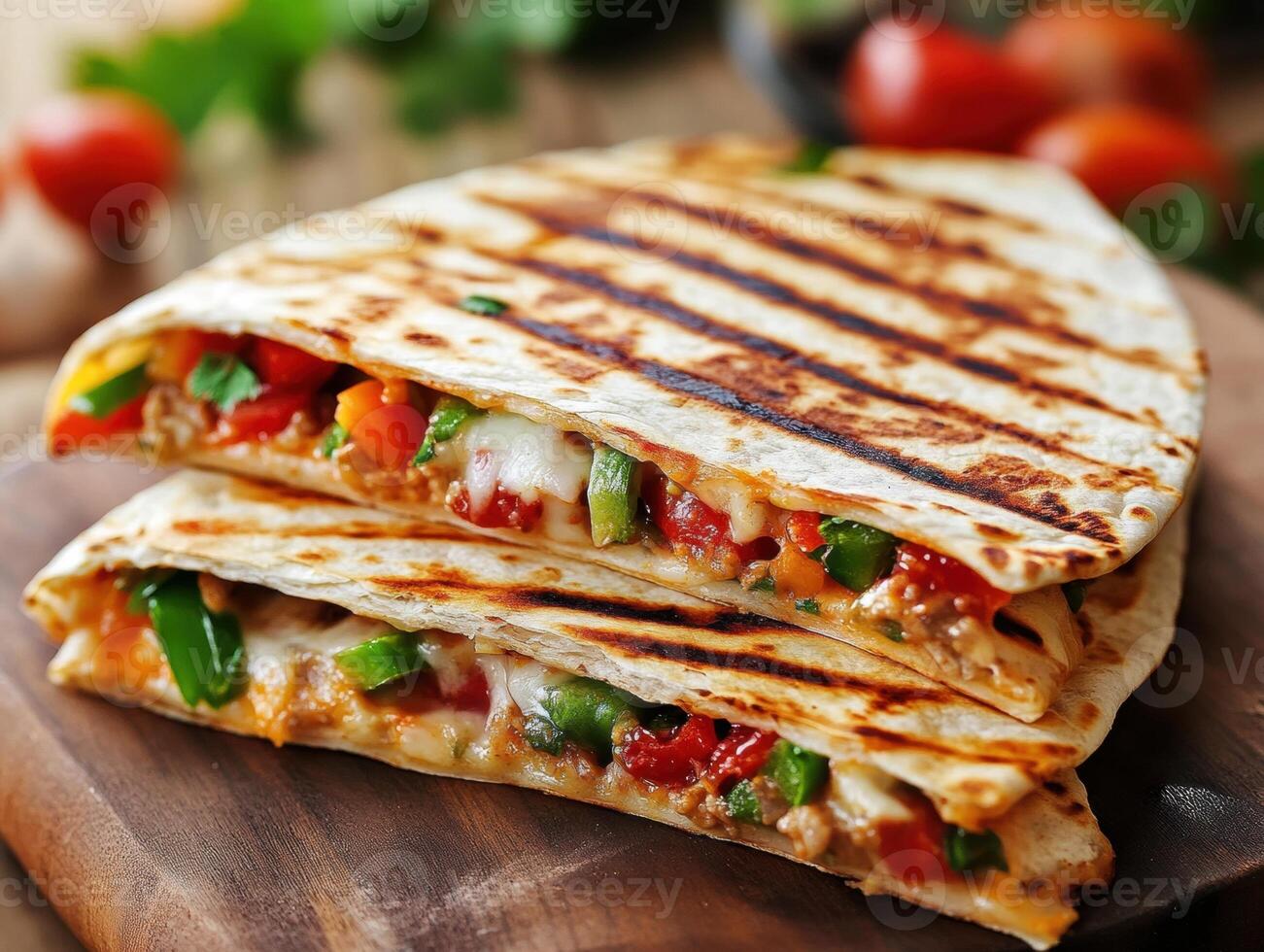 Delicious grilled quesadillas with fresh vegetables and cheese photo