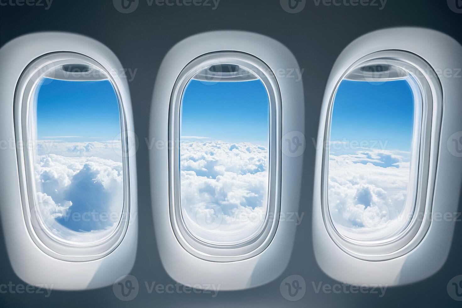 Views from an airplane window showing clouds and blue sky photo
