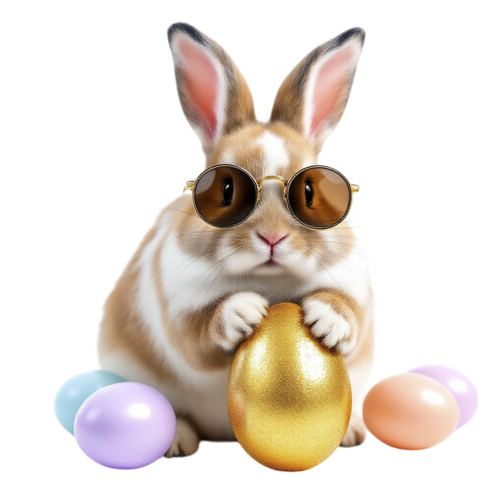 A rabbit wearing sunglasses and holding an egg png