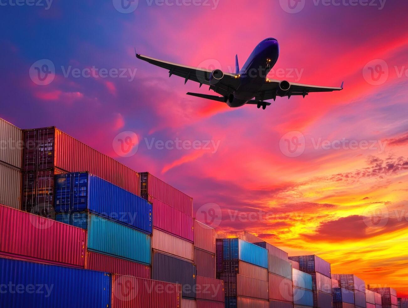 Airplane flies over shipping containers at sunset photo