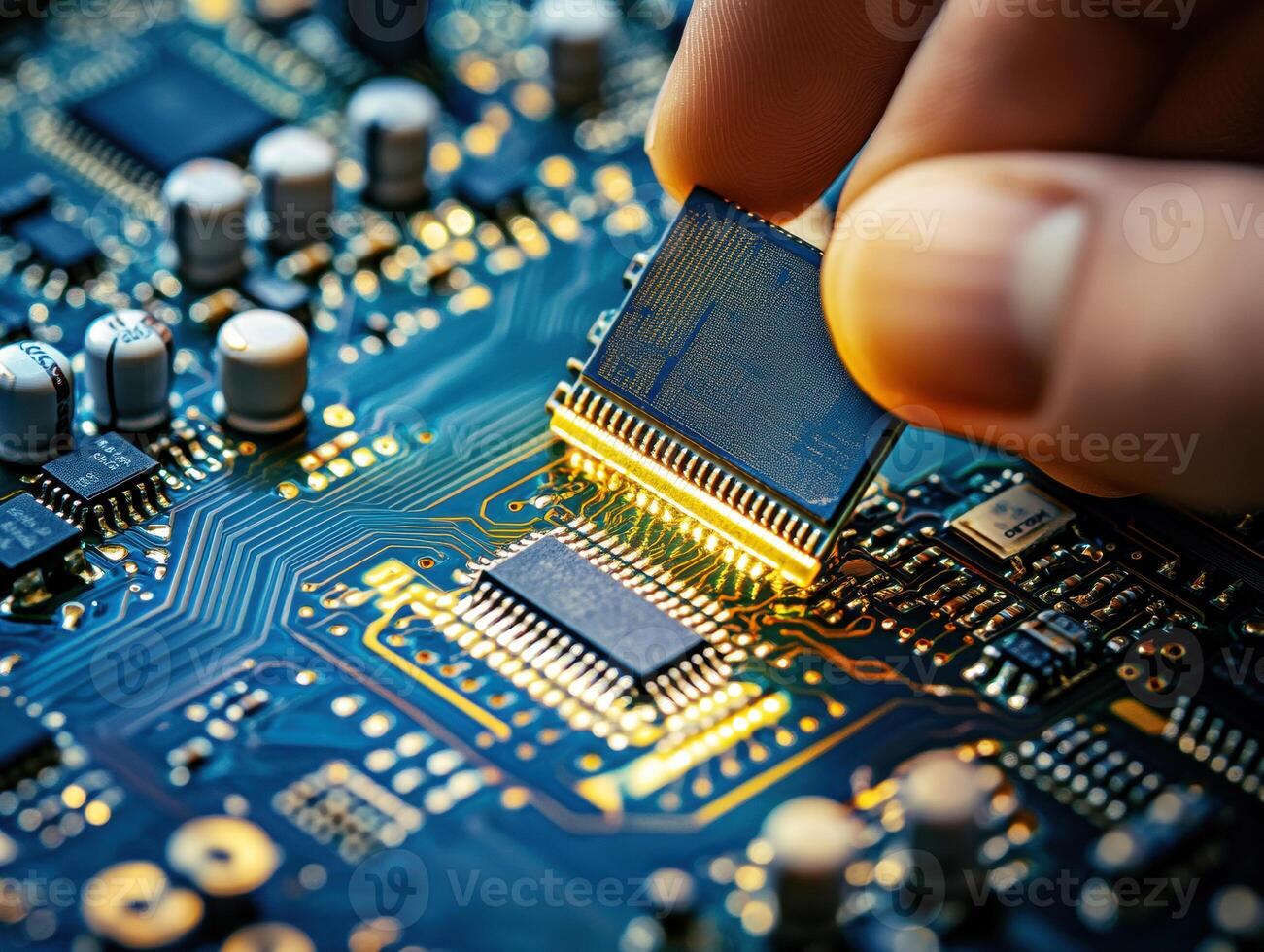 Hand inserting a microchip on a printed circuit board in laboratory photo