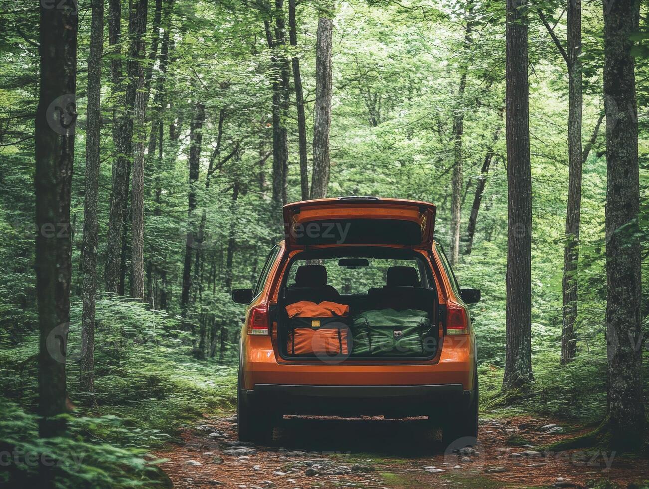 View of an orange car parked in a green forest during daytime photo