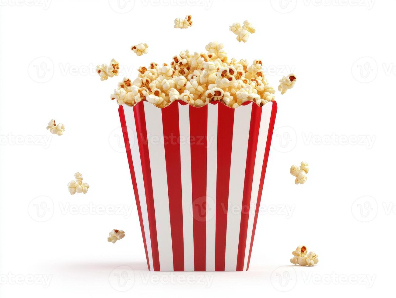 Freshly popped popcorn in a classic striped container photo