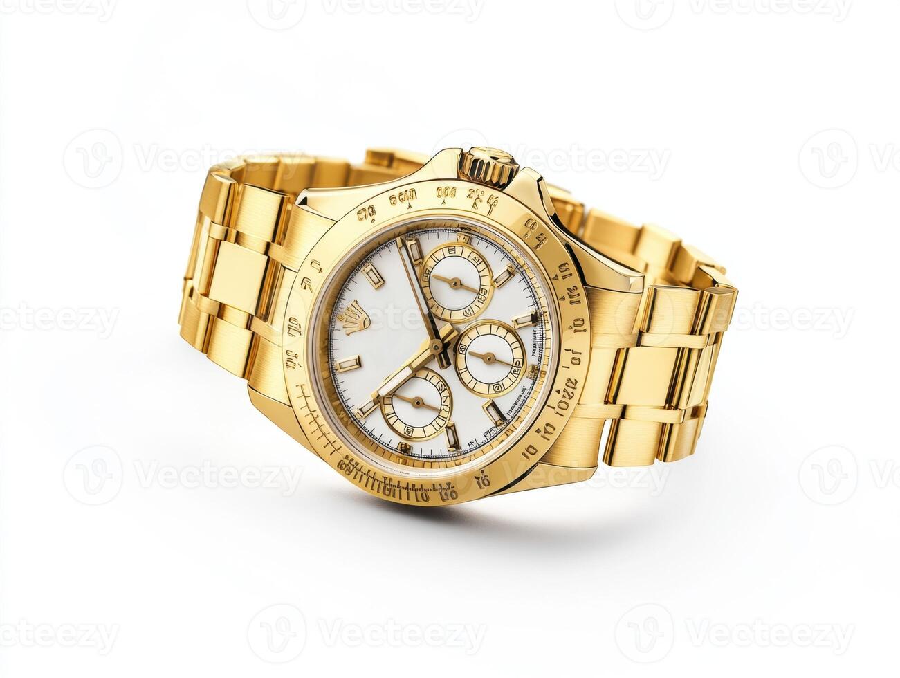 Luxurious gold watch with white dial displayed on a pedestal photo