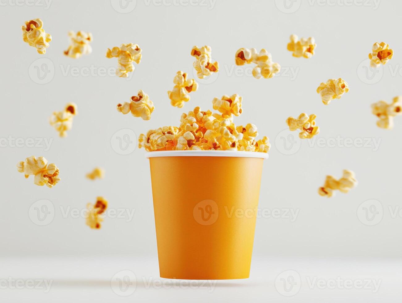 Popcorn soaring from a bright cup against a neutral backdrop photo