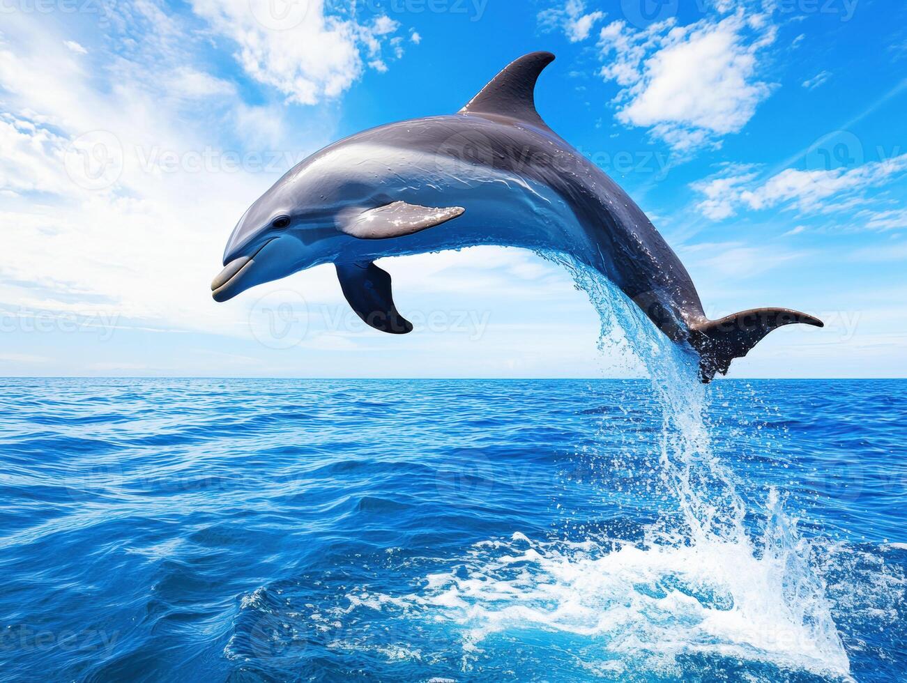 Dolphin leaps joyfully above sparkling ocean waves photo