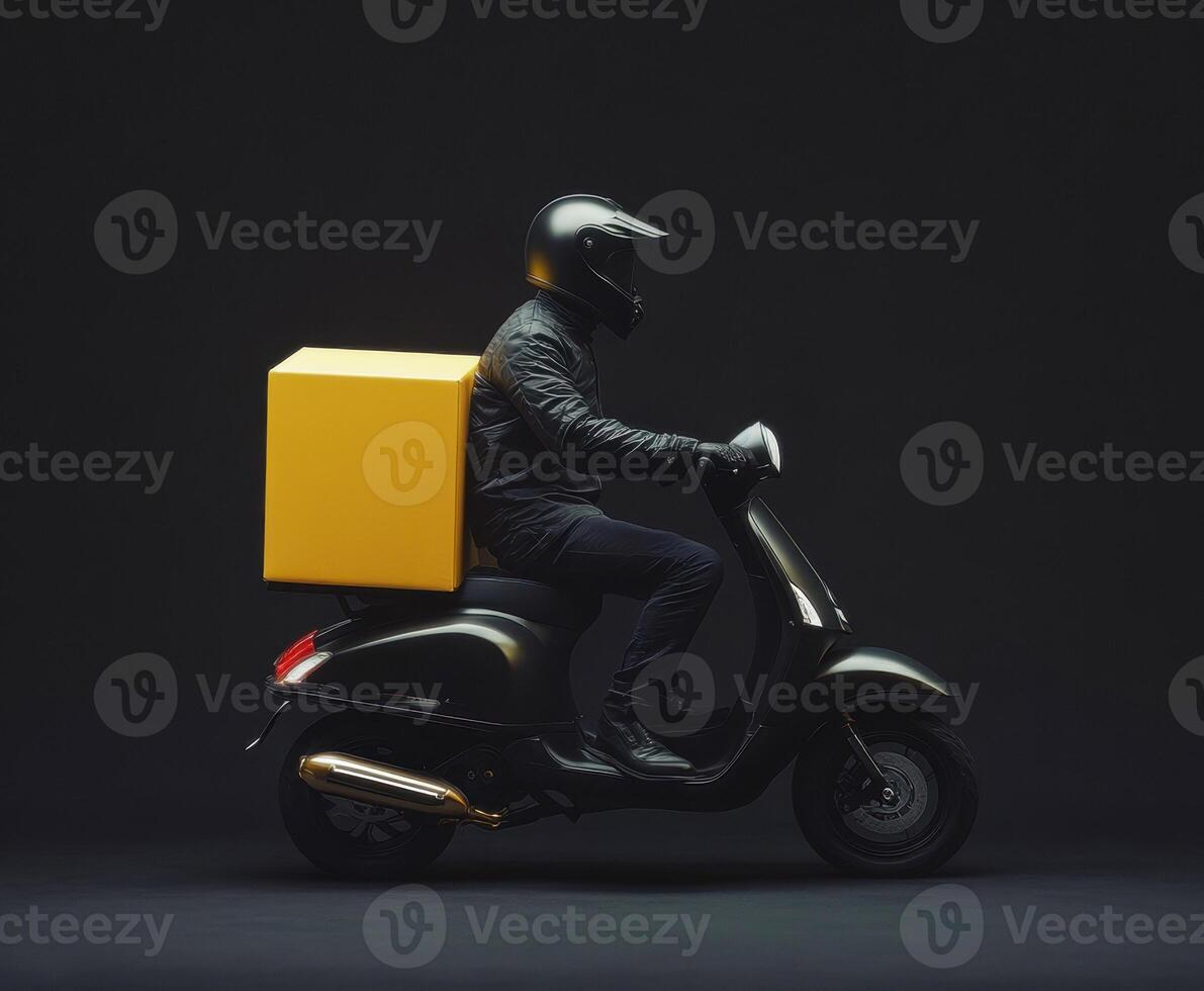 Delivery rider on scooter with yellow package in dark setting photo