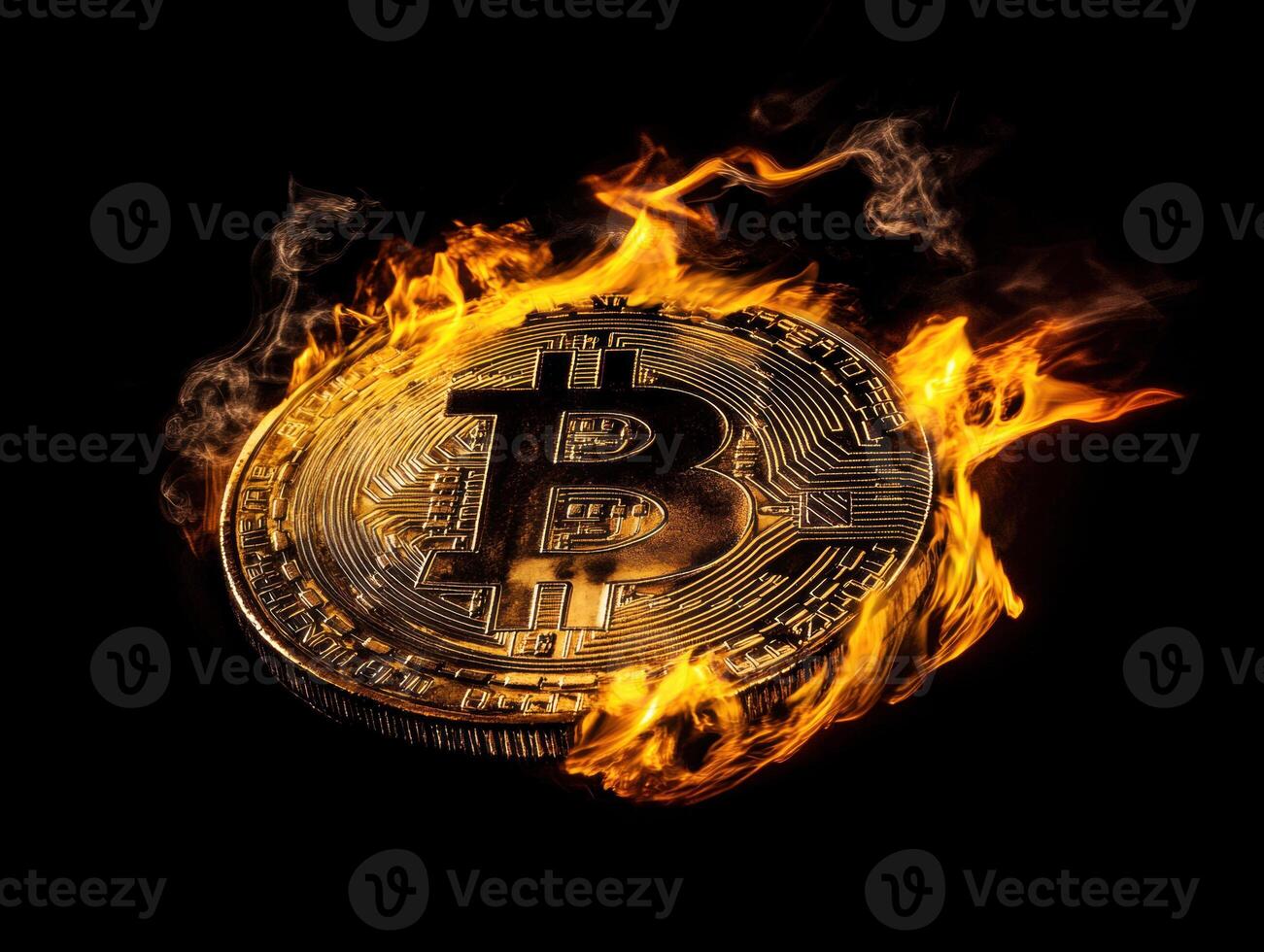 Cryptocurrency coin surrounded by flames creating a dramatic effect photo