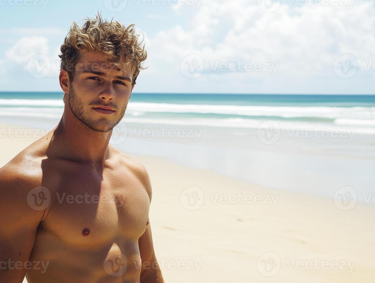 Young man enjoys sunny beach day by the ocean waves photo