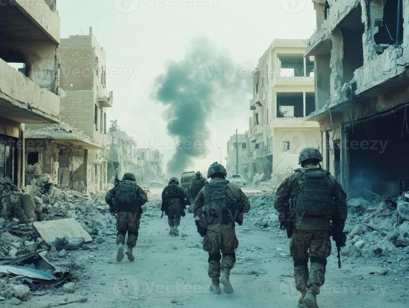 Soldiers maneuver through war-torn streets in an urban conflict zone photo