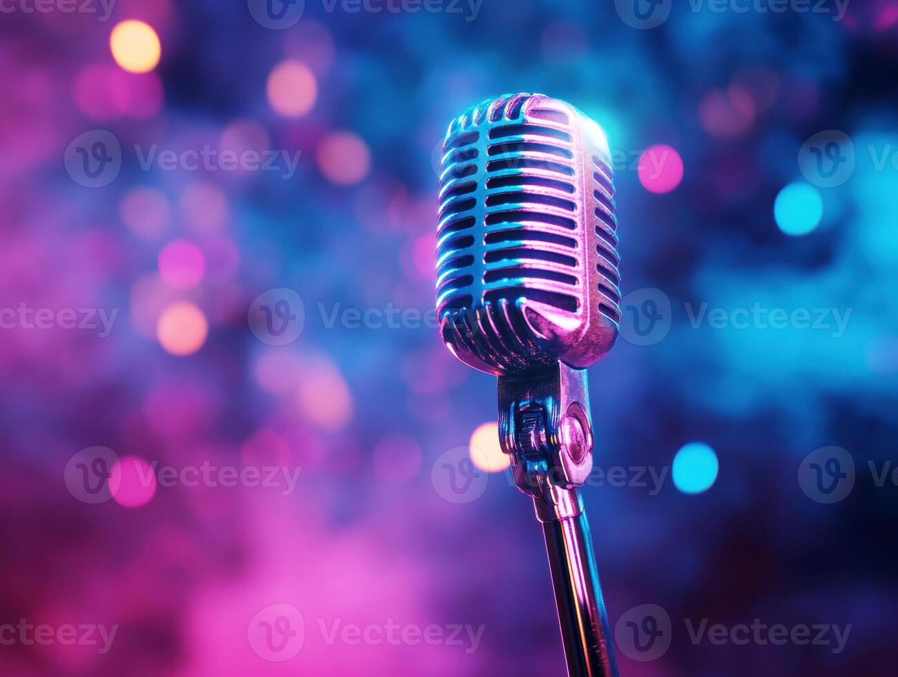 Classic microphone with colorful bokeh background during performance photo