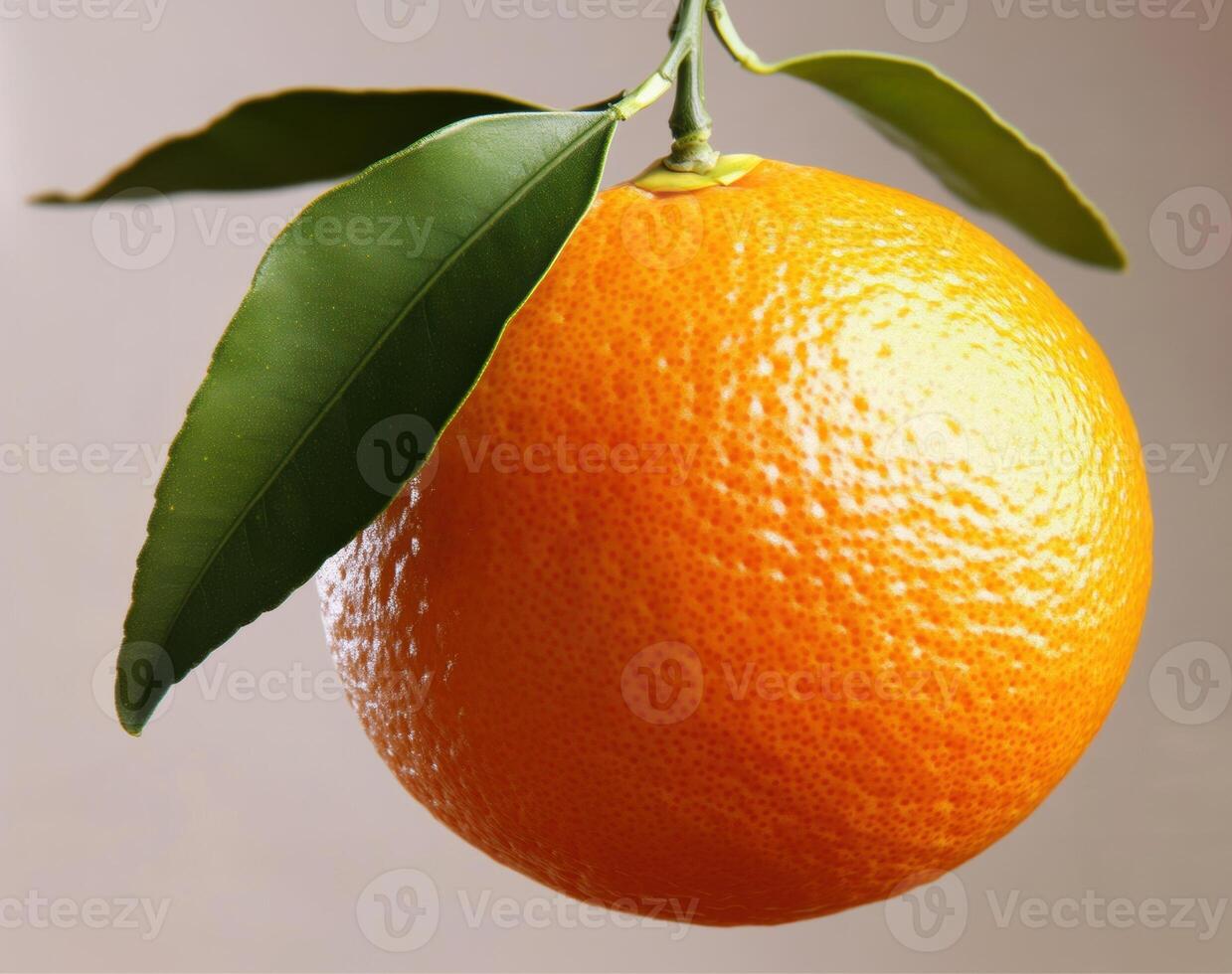 Fresh orange hanging from a green leaf branch in bright light photo