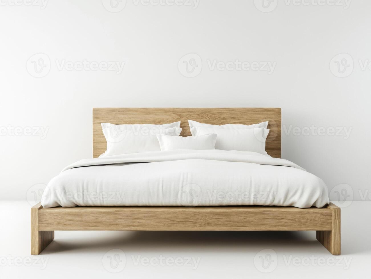 Modern wooden bed with white bedding in a minimalistic bedroom photo