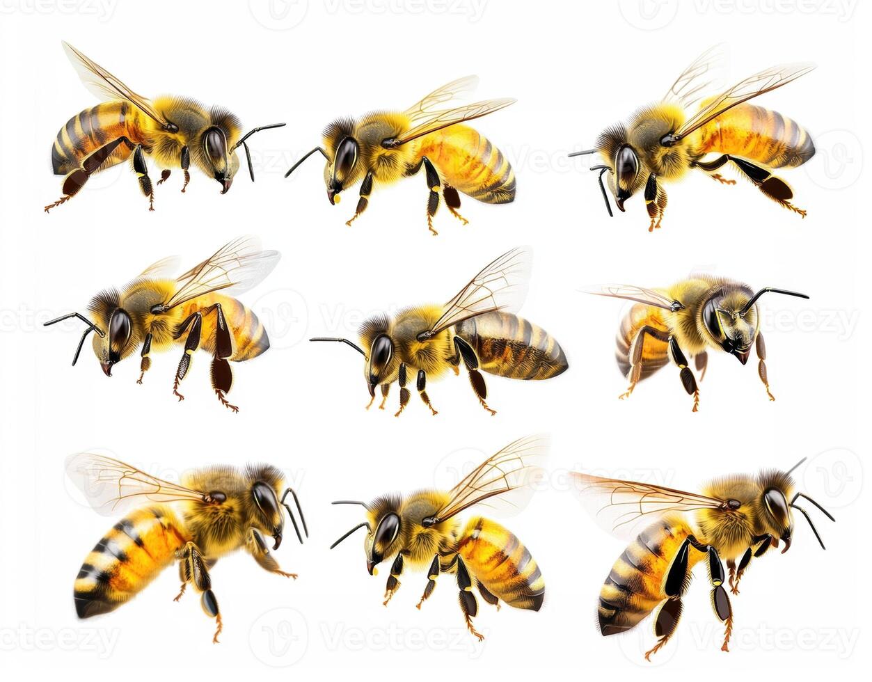 Close-up views of honey bees showcasing their intricate details photo