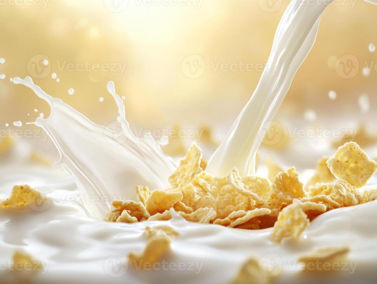Milk splashes over golden cereal in a bright kitchen setting photo