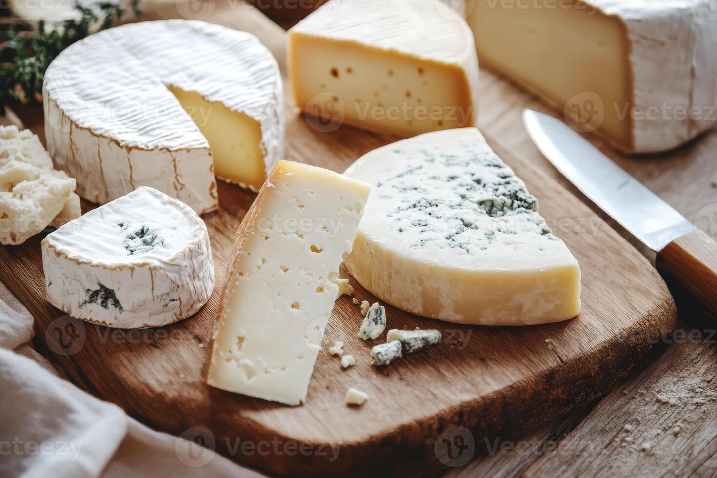 Selection of assorted cheeses displayed on wooden board photo