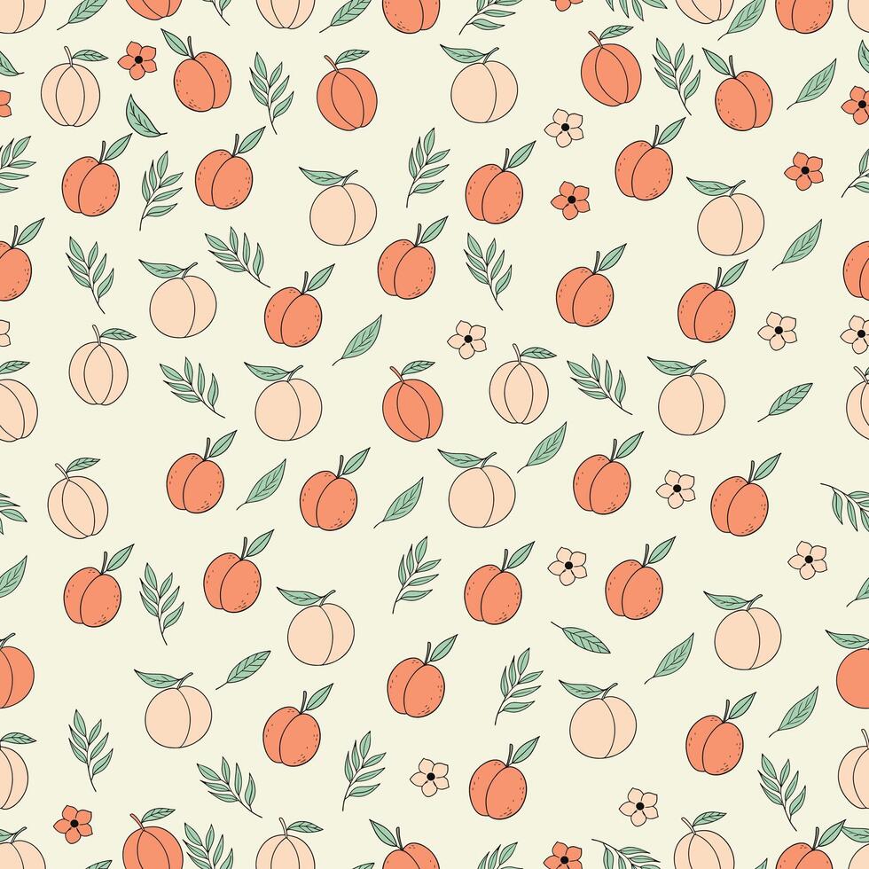 Seamless Peach Pattern with Leaves Flowers Hand-Drawn Vintage Fruit Design vector