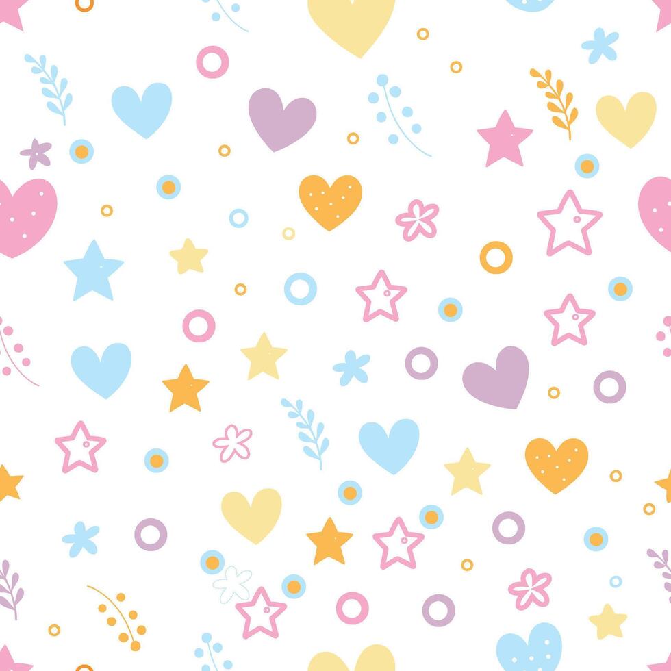 Adorable Pastel Seamless Pattern with Hearts, Stars Hand Drawn Doodles Kawaii Whimsical Design vector