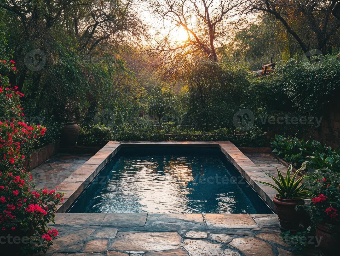 Relaxing poolside retreat at sunset in a lush garden setting photo