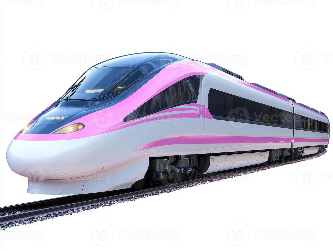 High-speed train with a sleek design traveling on tracks photo