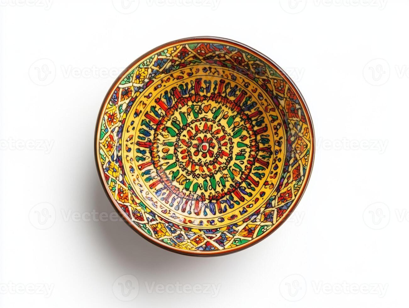 Colorful handcrafted bowl with intricate designs on a plain background photo