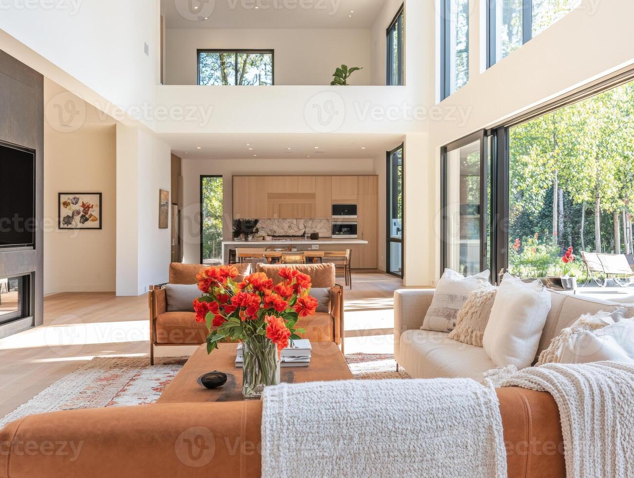 Modern living room with natural light and elegant decor photo