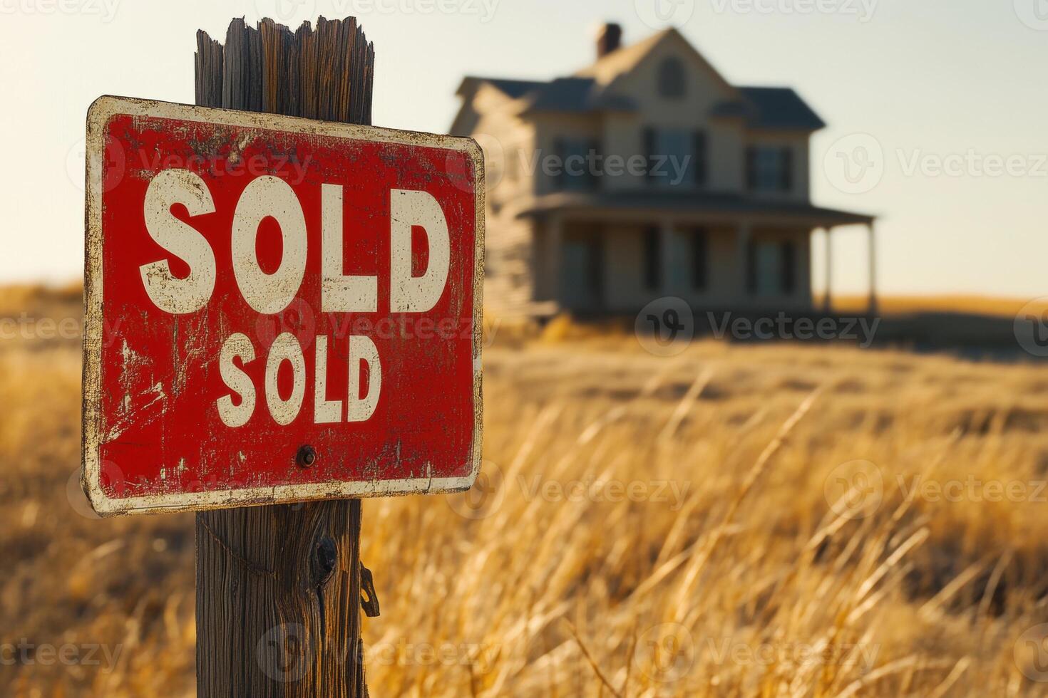 Sold sign in front of a vintage house on a sunny day photo