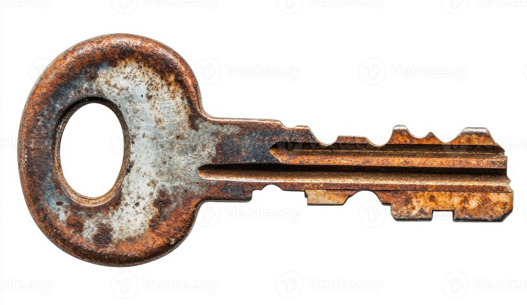 Rusty key with unique design resting on a white surface photo