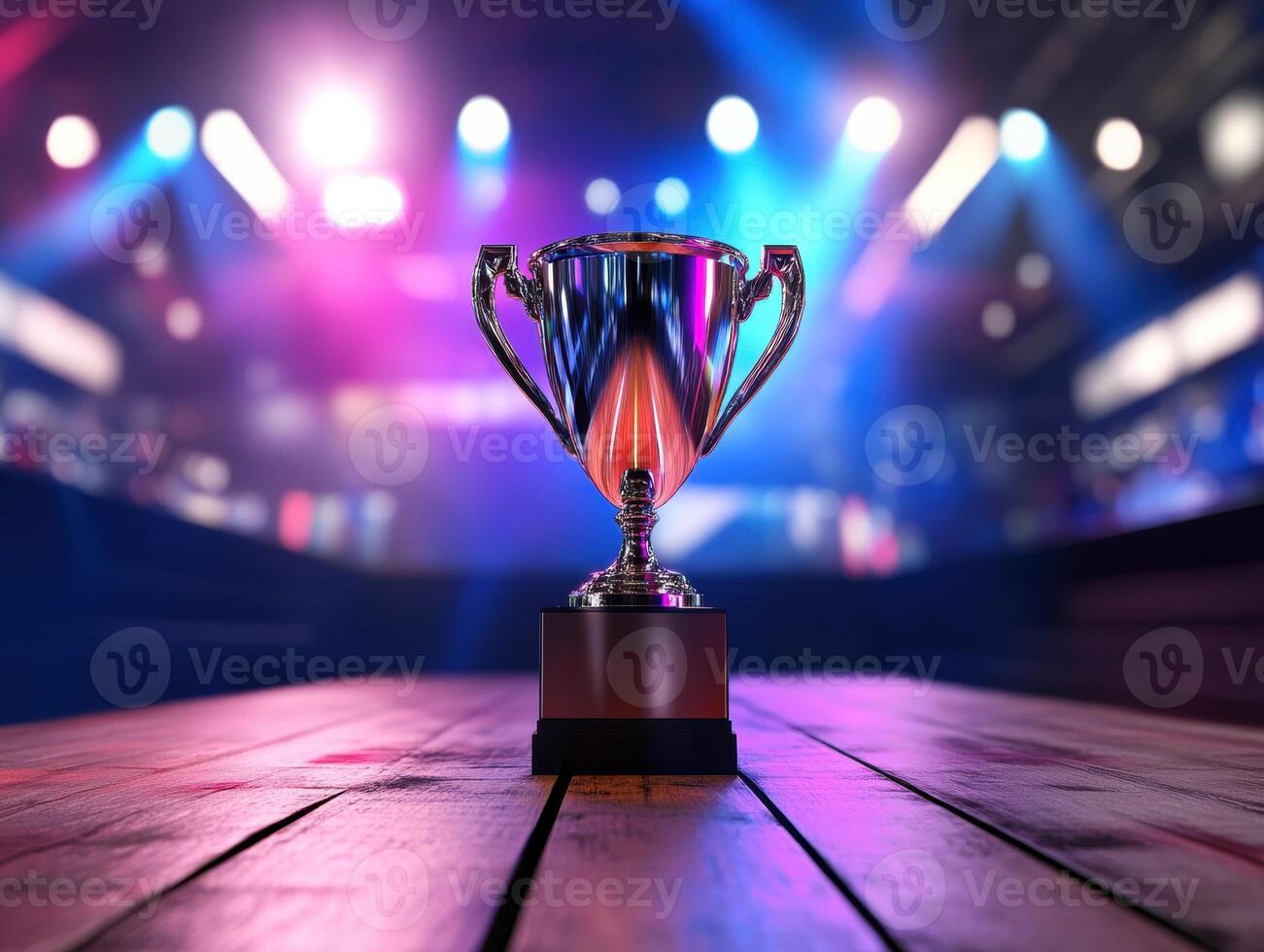 Trophy shining under colorful lights at a competitive event photo