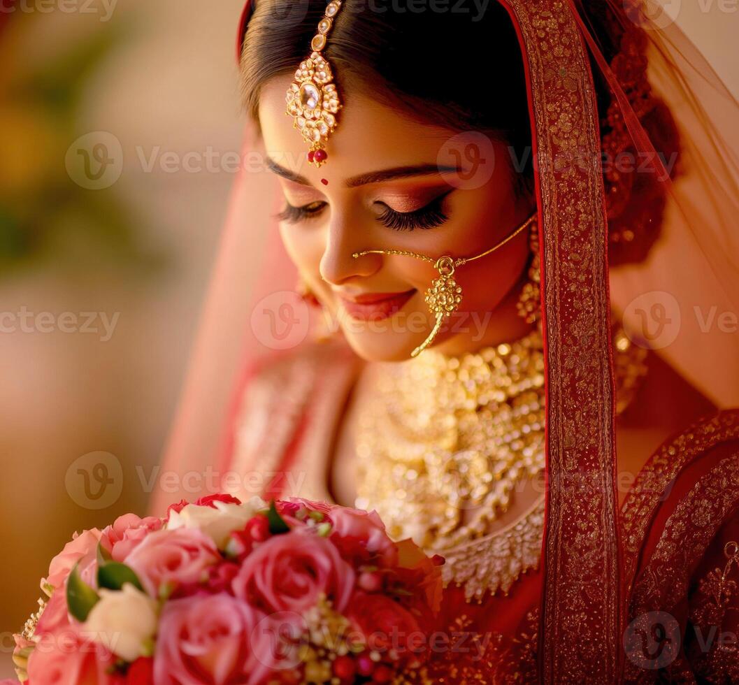 Bride in traditional attire holding a bouquet of roses in celebration photo