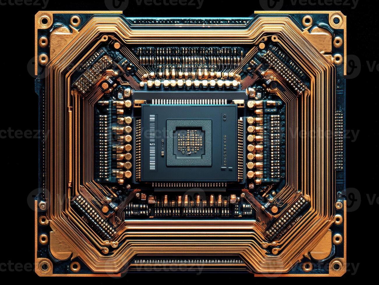 Detailed view of a complex microchip with intricate circuitry photo