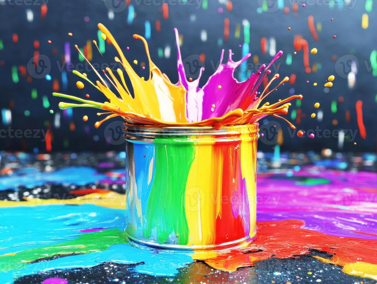 Brightly colored paint splashes erupt from an open can, surrounded by a kaleidoscope of hues on a surface. The atmosphere is lively, showcasing artistic expression and creativity photo