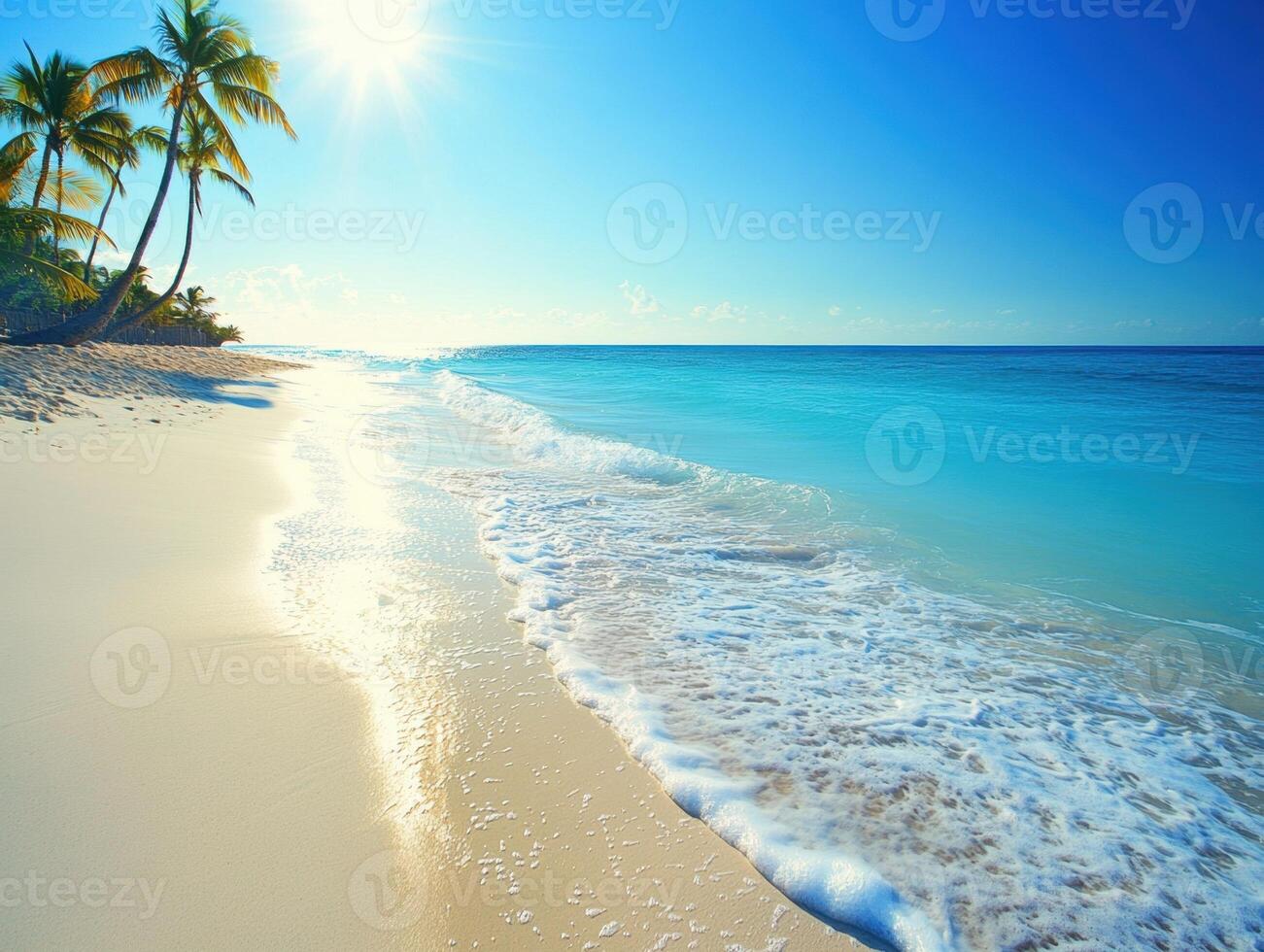 Beautiful beach with palm trees and turquoise water under sunlight photo