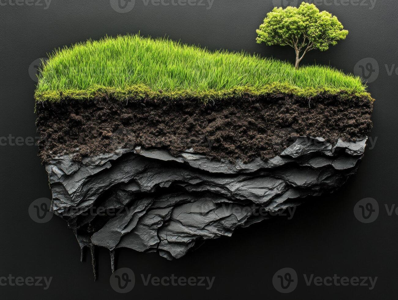 Grass-covered island with rocky base and single tree photo