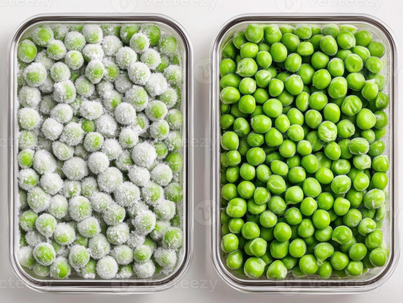 Frozen and fresh green peas displayed in containers for comparison photo