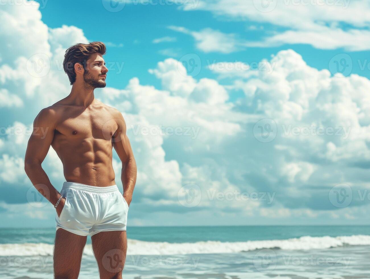 Young man enjoying a sunny day at the beach with clouds overhead photo